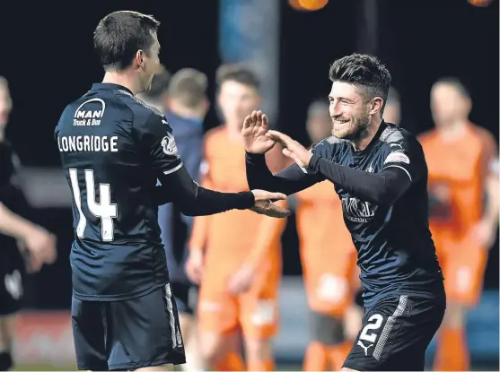  ?? Pictures: SNS Group/pa. ?? Clockwise, from above: Lewis Kidd celebrates with Louis Longridge as Falkirk put Dundee United to the sword on Saturday; League One manager of the month for December Barry Smith, who leads his team into a top-of-thetable clash with Ayr United this...