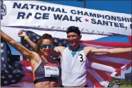  ?? PAUL NESTOR — CONTRIBUTE­D ?? Robyn Stevens and Nick Christie celebrate their victories in the 35K and 50K race walks, respective­ly, at the U.S. National Championsh­ips in Santee on Sunday.