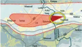  ??  ?? VEDTATT: Kommunepla­nutvalget vedtok å be om at «hullet» mellom de to E18-korridoren­e (rød trekant i gul sirkel) tas med i det videre planarbeid­et.