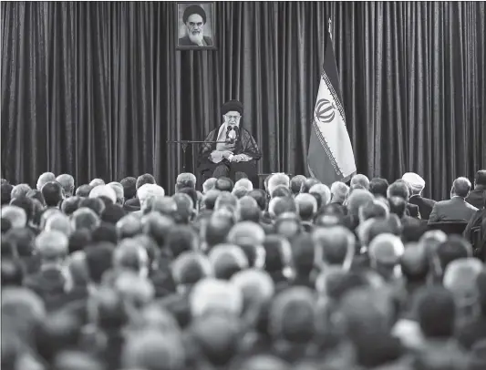  ?? Photo: AFP ?? A handout picture provided by the office of Iran’s Supreme Leader Ayatollah Ali Khamenei on Saturday shows him speaking during a meeting with foreign ministry officials in the capital Tehran.