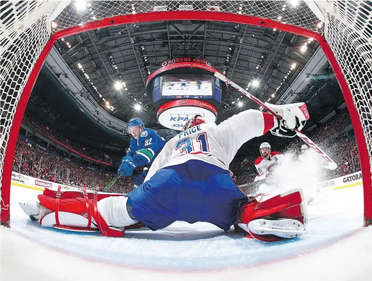  ?? — GETTY IMAGES FILES ?? Nikolay Goldobin, being stopped by Carey Price, has been out of the lineup since a March 7 game against Montreal after losing 16 pounds due to the flu.