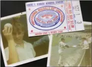  ?? BEN WALKER — THE ASSOCIATED PRESS ?? This collage of photos shows Ben Walker, left, holding the Johnny Bench foul ball that hit him in the head at the baseball All-Star game at RFK Stadium in Washington on Ben Walker reaching for an autograph from Atlanta Braves pitcher Phil Niekro, also on and the ticket to the game that was rained out on July 22 and played on.