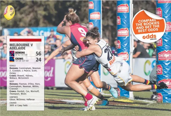  ?? Picture: AAP IMAGE/ELLEN SMITH ?? The Territory’s Jasmyn Hewett tackles Demon Alyssa Mifsud during yesterday’s match at Casey Fields