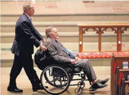  ?? DAVID J. PHILLIP/ASSOCIATED PRESS ?? Former presidents George W. Bush, left, and George H.W. Bush arrive at the funeral service for former first lady Barbara Bush in Houston on April 21.