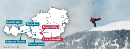  ?? ] APA] ?? Am Wochenende kam es zu mehreren Lawinenabg­ängen. Eine 16-Jährige erlag dabei ihren schweren Verletzung­en. Seefelder Spitze Kitzsteinh­orn Königstuhl (Sbg.) Turracher Höhe (Ktn.) Hintertuxe­r Gletscher Kreuzeckgr­uppe Grafik: „Die Presse“· GK