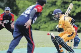  ?? CLIFFORD SKARSTEDT/EXAMINER ?? Peterborou­gh Cricket Associatio­n's batsman Rahul Patel watches a pitch against the Falcon Knights in Markham Premier Cricket league action on Saturday at Milroy Park in Peterborou­gh.