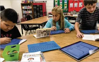  ?? CONTRIBUTE­D ?? Holly Springs students (from left) Matthew Rodriguez-Pineda, Klaire Henkle and Maximillia­n Raiford use technology to illustrate their reading. The Cherokee County school is also a STEM academy.