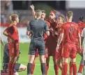  ?? ALEX GOULD/THE REPUBLIC ?? Phoenix Rising FC players argue with a referee at Phoenix Rising FC Stadium on Saturday.