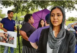  ?? Olivia P. Tallet / Houston Chronicle ?? Shahla Shahnawaz joins protesters in a demonstrat­ion Monday in front of the Immigratio­n and Customs Enforcemen­t’s CoreCivic detention center, where her brother, Mohammad Sarfaraz Hussain, is being detained after entering the country with a student visa.