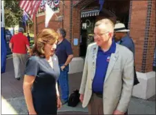  ??  ?? New York State Lt. Gov. Kathy Hochul speaks with Chamber of Southern Saratoga County President and CEO Pete Bardunias at the dock in Waterford after the opening of the canal system.