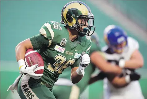  ?? TROY FLEECE ?? Atlee Simon, shown with the University of Regina Rams last season, will suit up for the Calgary Stampeders in Friday’s CFL pre-season game against the Saskatchew­an Roughrider­s at Mosaic Stadium and hopes to impress his coaches enough to possibly earn a roster spot.