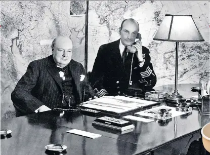  ??  ?? Churchill and Captain Richard Pim RNVR in the Prime Minister’s Map Room. Below: a bedpan bearing the crest of King George