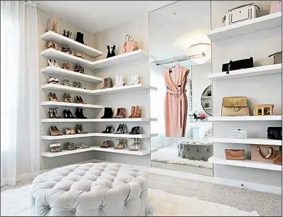  ?? LA Closet Design ?? This closet designed for lifestyle blogger Jessi Malay by LAloset Design, features floating sheves to display her collection of shoes.