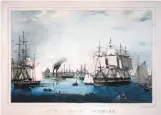  ??  ?? Drawn by Fitz Henry Lane (1804-1865), View in Boston Harbour. Lithograph on paper; hand-colored, 1215⁄16 x 1911⁄16 in. Lithograph by T. Moore’s Lithograph­y, Boston. Courtesy of Boston Athenaeum.