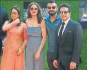  ?? HT ?? (LR) Anjali Tendulkar, actress Anushka Sharma , Virat Kohli and Sachin Tendulkar during the screening of 'Sachin: A Billion Dreams' at PVR in Mumbai on Wednesday.