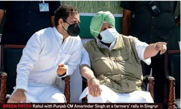  ??  ?? GREEN PATCH Rahul with Punjab CM Amarinder Singh at a farmers’ rally in Singrur