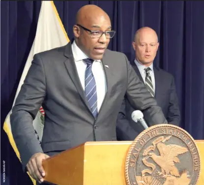  ??  ?? Illinois Attorney General Kwame Raoul (left, with Special Prosecutor Joseph McMahon) speaks during Monday’s news conference.