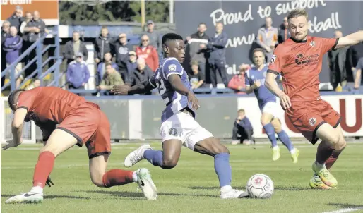  ?? David Tolliday ?? Koby Arthur and his Macclesfie­ld team-mates take on Dover at the Moss Rose on Friday evening