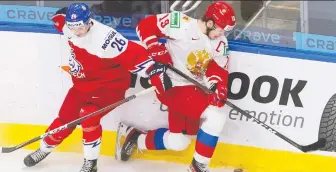  ?? CP FILES ?? Vasili Podkolzin, right, seen with Team Russia, has six points in 10 playoff games for SKA St. Petersburg.