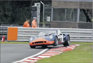  ??  ?? A Chevron B8 driven by Andrew Kirkaldy gets some air at the Oulton Park Gold Cup