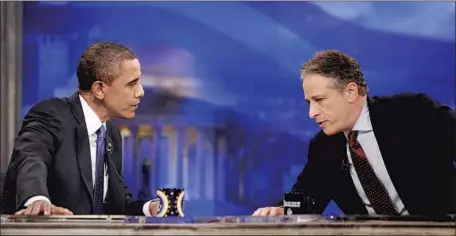  ?? Photograph­s from Comedy Central ?? PRESIDENT OBAMA in an October 2010 talk with host Jon Stewart. Obama appeared seven times with Stewart on “The Daily Show.”