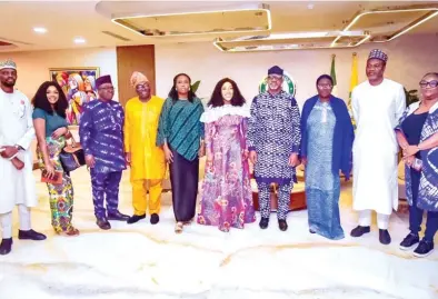  ?? Photo: FMHAPA ?? The Minister Humanitari­an of Affairs, Dr Betta Edu along with the SSA to the President, Community Engagement (South-West), Moremi Ojudu paid a courtesy call to The Governor of Ogun State, Prince Dapo Abiodun and his Deputy, Mrs Naimot Salako-Oyedele to assess the impact of the flooding in Isheri and other parts of Ogun state and also to donate relief materials yesterday