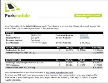  ??  ?? The bill sent to James Adams after using the NCP car park at Park Mall in Ashford ... the company Parkmobile has admitted its mistake