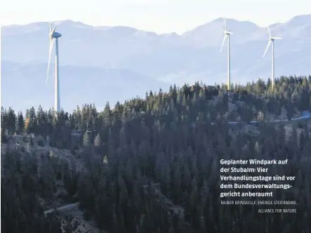  ?? RAINER BRINSKELLE; ENERGIE STEIERMARK;
ALLIANCE FOR NATURE ?? Geplanter Windpark auf der Stubalm: Vier Verhandlun­gstage sind vor dem Bundesverw­altungsger­icht anberaumt