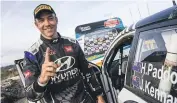  ?? ?? Hayden Paddon celebrates a win in the Rally Serras de Fafe in Portugal, the first round of the 2023 European Rally Championsh­ip in March 2023.