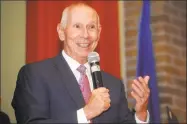  ?? Ned Gerard / Hearst Connecticu­t Media ?? Mark Ojakian, president of the Connecticu­t State Colleges and Universiti­es, speaks during the ribbon-cutting ceremony for the new Advanced Manufactur­ing and Technology Center at Derby High School May 6, 2019.