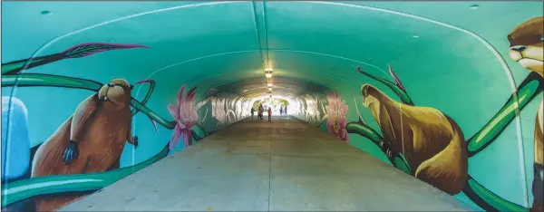  ?? (AP/Hattiesbur­g American/Dominic Gwinn) ?? People walk Nov. 19 through the Stone Barefield underpass, which features the mural “Together as One,” on the Longleaf Trace in Hattiesbur­g, Miss.