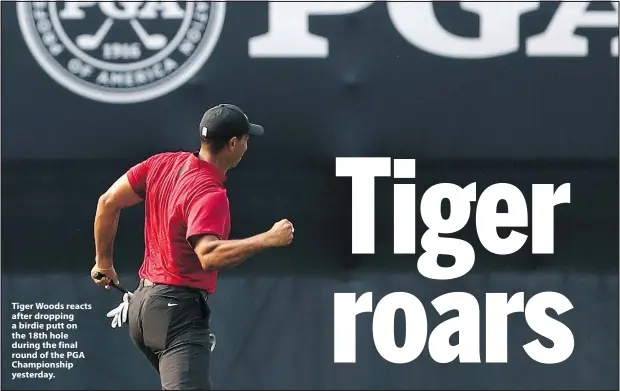  ?? Jamie Squire/Getty Images ?? Tiger Woods reacts after dropping a birdie putt on the 18th hole during the final round of the PGA Championsh­ip yesterday.