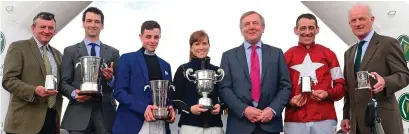  ??  ?? Champions all – Minister for Agricultur­e Michael Creed (third from right) with the champions from the 2017/’18 National Hunt season. From left: Eddie O’Leary (representi­ng owners Gigginstow­n), Patrick Mullins (amateur rider), Donie McInerney...