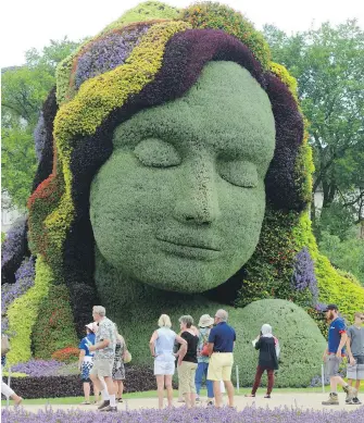  ??  ?? People visit the MosaïCanad­a 150 in Gatineau, Que., on Friday. According to the city’s website, mosaïcultu­re is a technique that combines “sculpture for the structure, paint for the palette of colours and horticultu­re as the means of creating living...