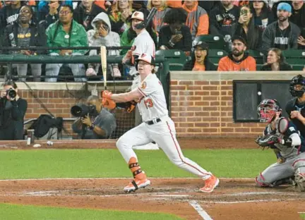  ?? ORIOLES JERRY JACKSON/STAFF ?? Orioles outfield prospect Heston Kjerstad hits an RBI double against the Red Sox in September.