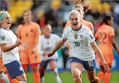  ?? ALYSA RUBIN/AP PHOTO ?? Lindsey Horan of the United States celebrates her team’s goal during the Women’s World Cup soccer match against the Netherland­s on Wednesday night in Wellington, New Zealand.