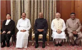  ?? — THE ASIAN AGE ?? (From left) New CJI Justice Dipak Misra, Vice President Venkaiah Naidu, President Ram Nath Kovind, PM Narenda Modi, law and justice minister Ravi Shankar Prasad during a ceremony at Rashtrapat­i Bhavan in New Delhi on Monday.