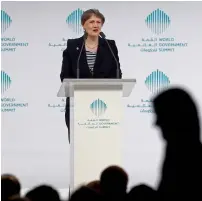  ?? — Photo by Shihab ?? Helen Clark addressing the main session at the World Government Summit on Monday.