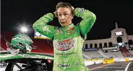  ?? Chris Graythen/TNS ?? Driver Christophe­r Bell reacts during qualifying for the NASCAR Clash at the Coliseum at Los Angeles Memorial Coliseum on Feb. 4 in Los Angeles.