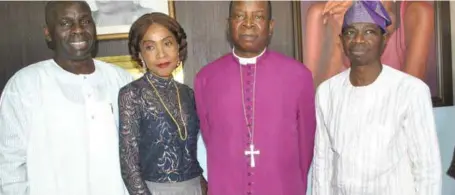  ??  ?? L-R: Prof. Dan Adebiyi and his wife, Mrs. Titilayo Adebiyi the Proprietre­ss, KIA Lakeside Academy Nursery, Primary and Secondary School; the Primate, Church of Nigeria, Archbishop, Nicholas Okoh; and Chairman of the school’s Governing Council, Prof....