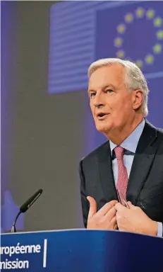  ?? FOTO: AP ?? Der Chefunterh­ändler der EU, Michel Barnier, stellte gestern seinen Entwurf für den Brexit im kommenden Jahr vor.
