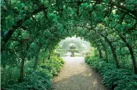  ??  ?? Top: the Oak Pavilion at Highgrove. Above from left: the Apple Tunnel is swathed in ripening fruit, while the Carpet Garden was inspired by a sketch by Prince Charles, based on a Turkish carpet in the house