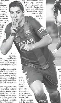  ?? — Gambar Reuters ?? SUAREZ GIGIH: Messi (kiri) mengawal bola ketika menyertai sesi latihan bersama skuad Argentina di Buenos Aires, Argentina Selasa lepas.