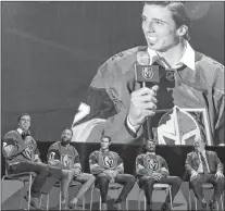  ?? AP PHOTO ?? In this June 21, 2017, file photo, from left, Vegas Golden Knights’ Marcandre Fleury, Deryk Engelland, Brayden Mcnabb and Jason Garrison sit on stage during an event following the NHL expansion draft in Las Vegas.