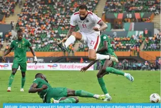  ?? — AFP ?? ABIDJAN: Cape Verde’s forward #21 Bebe (UP) jumps during the Africa Cup of Nations (CAN) 2024 round of 16 football match between Cape Verde and Mauritania at the Felix Houphouet-Boigny Stadium in Abidjan.