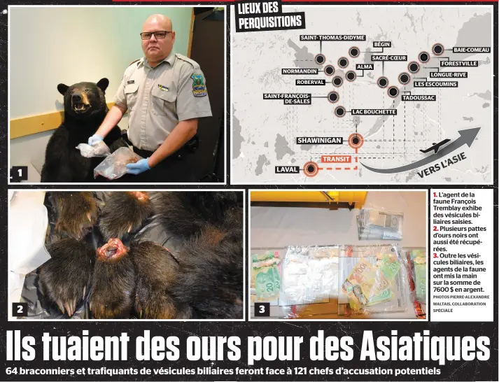  ?? PHOTOS PIERRE-ALEXANDRE MALTAIS, COLLABORAT­ION SPÉCIALE ?? 1. L’agent de la faune François Tremblay exhibe des vésicules biliaires saisies. 2. Plusieurs pattes d’ours noirs ont aussi été récupérées. 3. Outre les vésicules biliaires, les agents de la faune ont mis la main sur la somme de 7600 $ en argent.