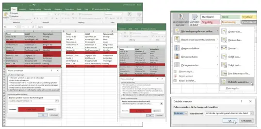  ??  ?? Links markeert de functie AANTAL.ALS alle voorkomend­e duplicaten, rechts zorgt de functie SOMPRODUCT ervoor dat zowel de naam als de straat identiek moeten zijn.