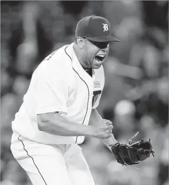  ?? Paul Sancya Associated Press ?? FRANCISCO RODRIGUEZ, now with Detroit, is the sixth pitcher to have at least 400 saves. His former manager with the Angels, Mike Scioscia, says the pitcher has Hall of Fame credential­s.