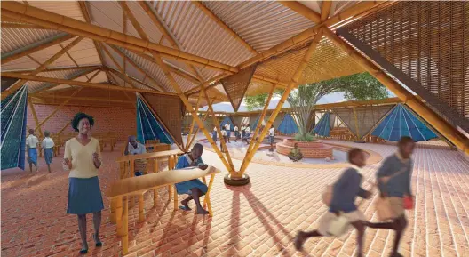  ??  ?? Courtyard of Knowledge: View of the courtyard beyond the classroom under the origami roof with bamboo framework