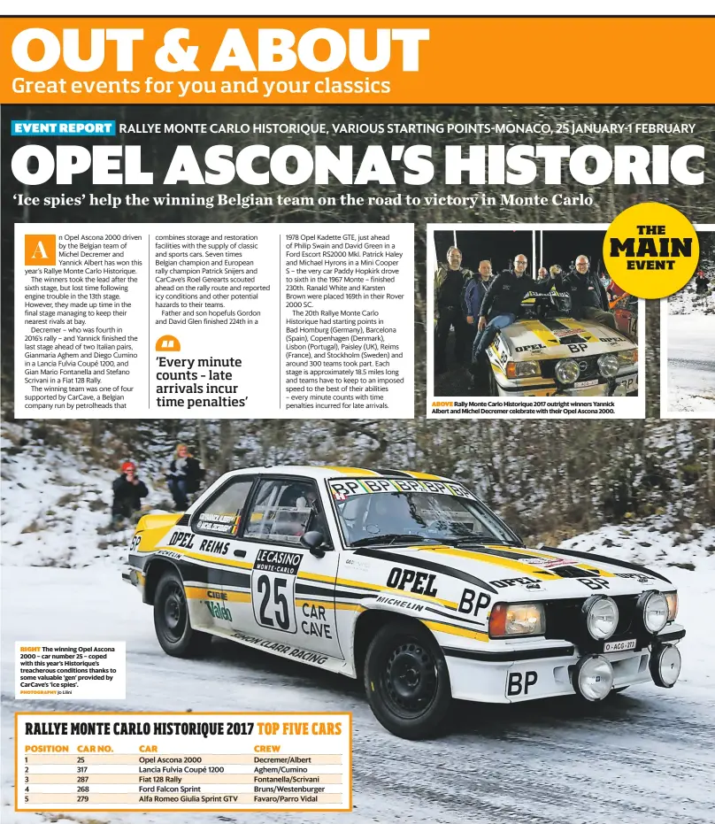  ?? PHOTOGRAPH­Y Jo Lilini ?? ABOVE Rally Monte Carlo Historique 2017 outright winners Yannick Albert and Michel Decremer celebrate with their Opel Ascona 2000.
RIGHT The winning Opel Ascona 2000 – car number 25 – coped with this year’s Historique’s treacherou­s conditions thanks...